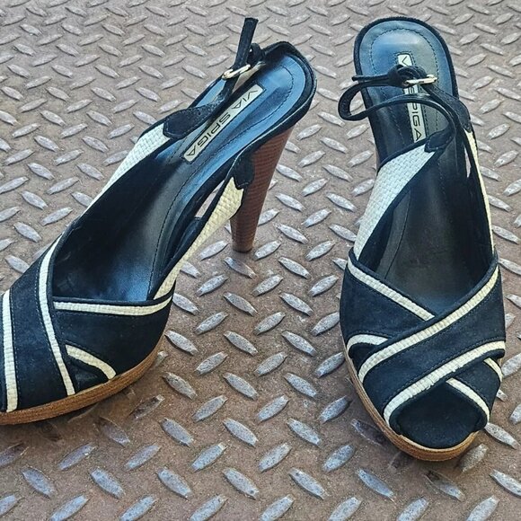 Via Spiga Ladies Sandal Heel Black/White Faux Suede Upper Shoes Brazil Size 9.5 - Picture 6 of 12